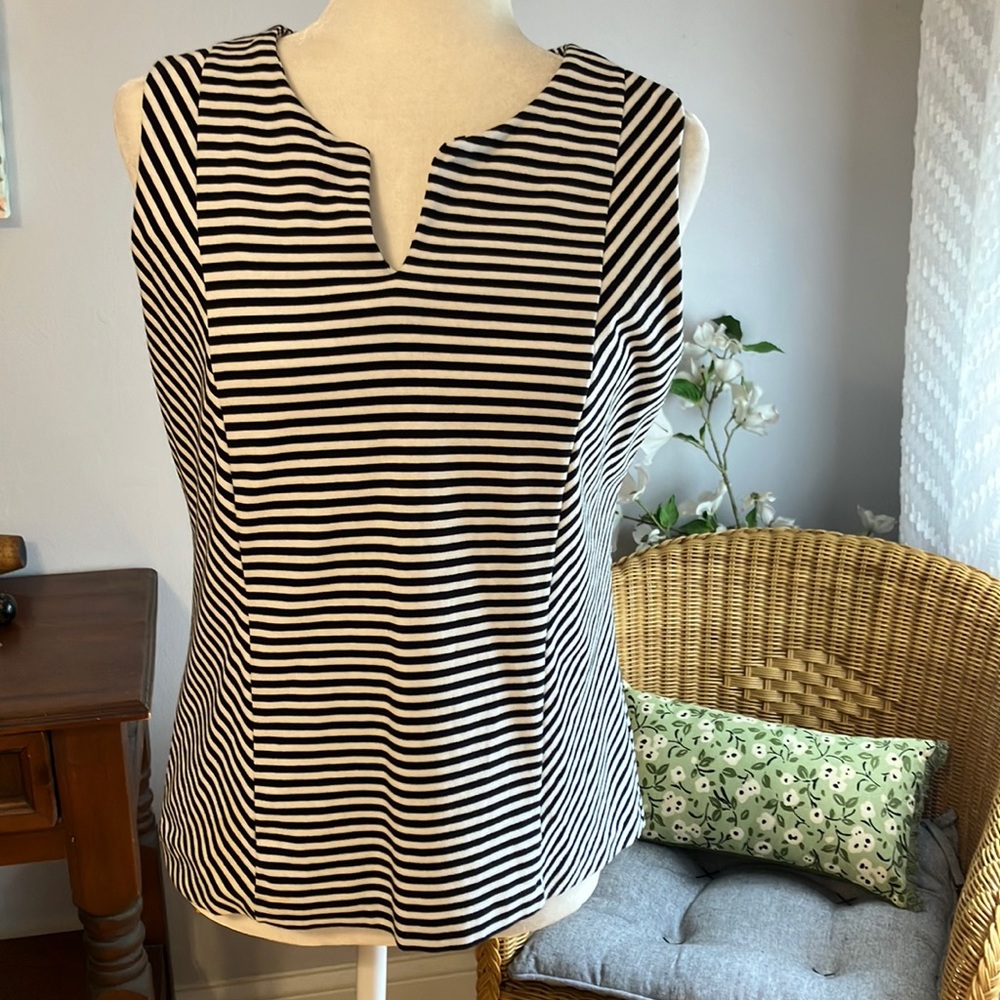 Talbots sleeveless split neck striped top exposed zipper Medium Petite EUC
